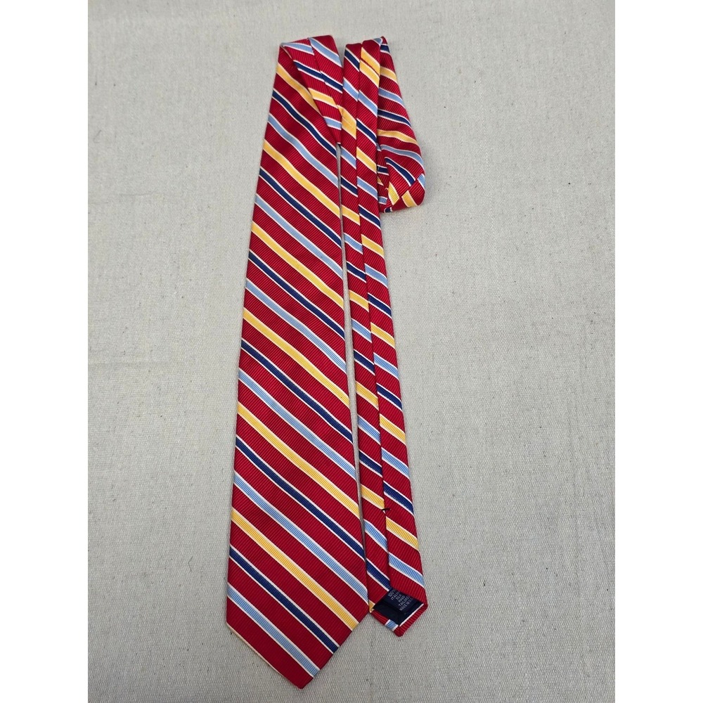 Paul‎ Fredrick Mens Red Yellow Navy Blue Striped Italian Silk Tie Hand Tailored